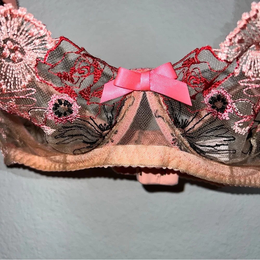 Agent Provocateur Pink Zuri Underwired Bra Size 36DD Italian Tulle Sheer Embroid